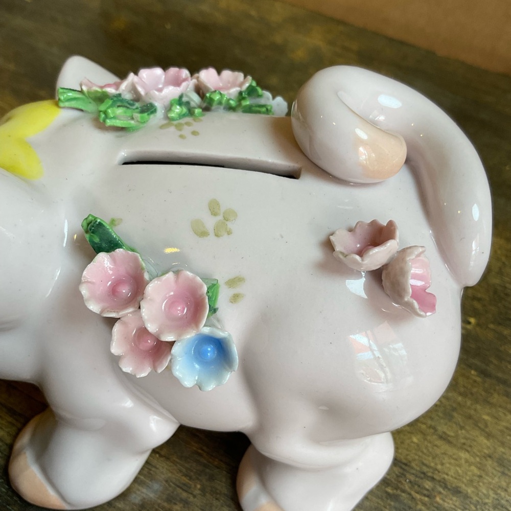 Vintage Lefton China Piggy Bank Pink Pig w/ Applied Flowers Hand Painted Japan - Picture 8 of 10